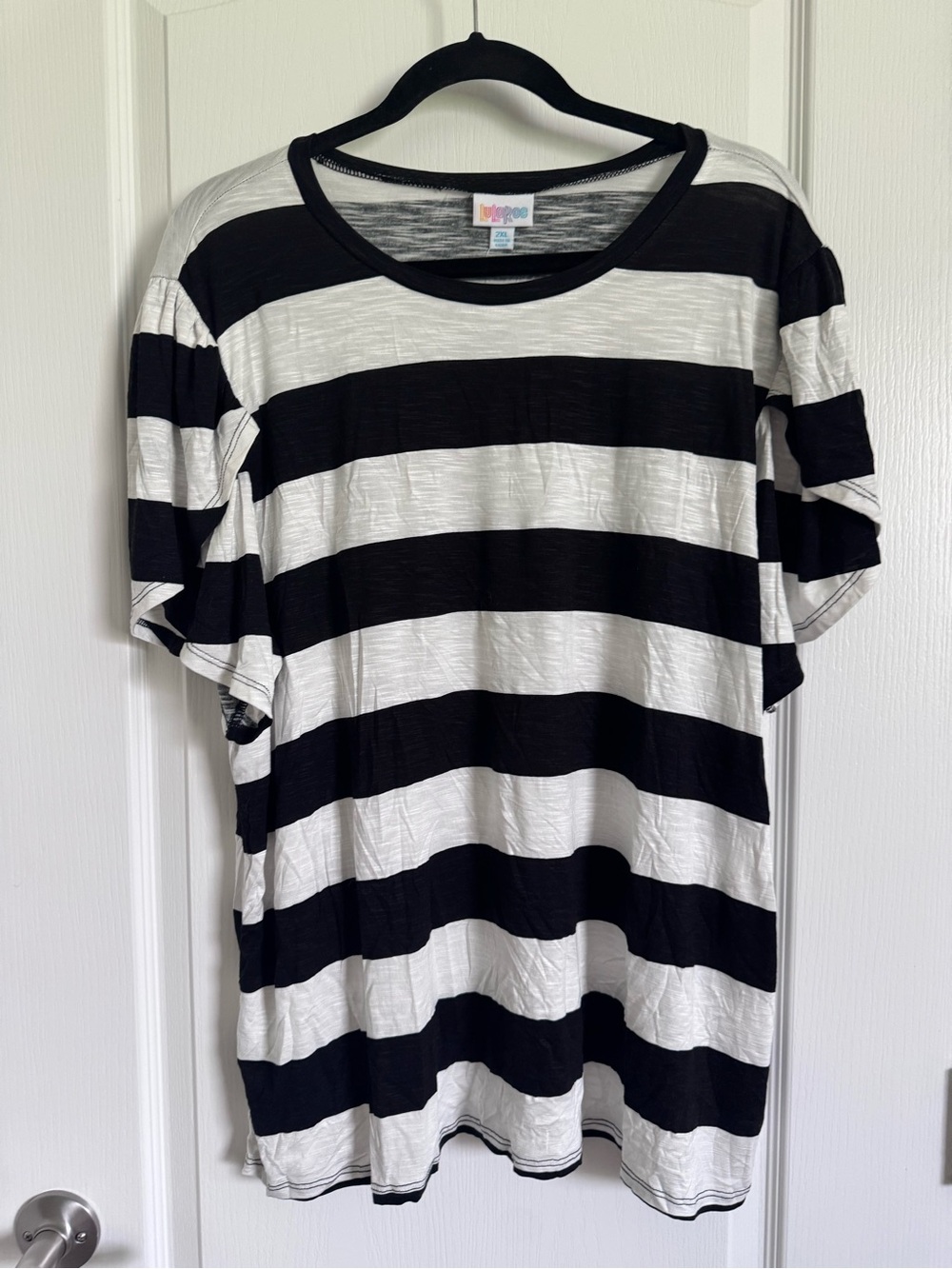 LuLaRoe Olive Black and White Wide Stripe Short Sleeve Tee